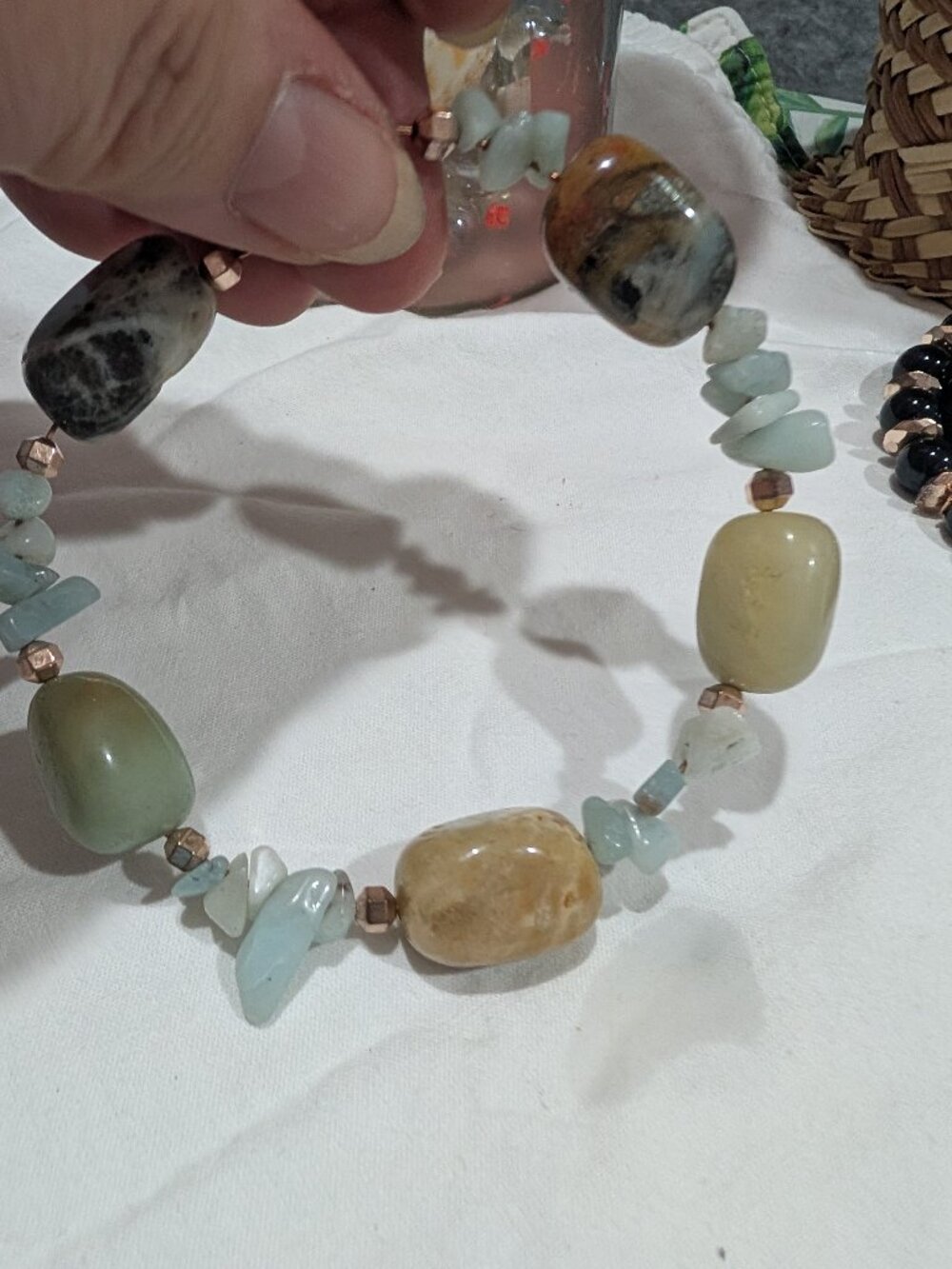Multicolor Natural Stone Beaded Bracelet Aqua Green Brown Cream -7,75 in appox